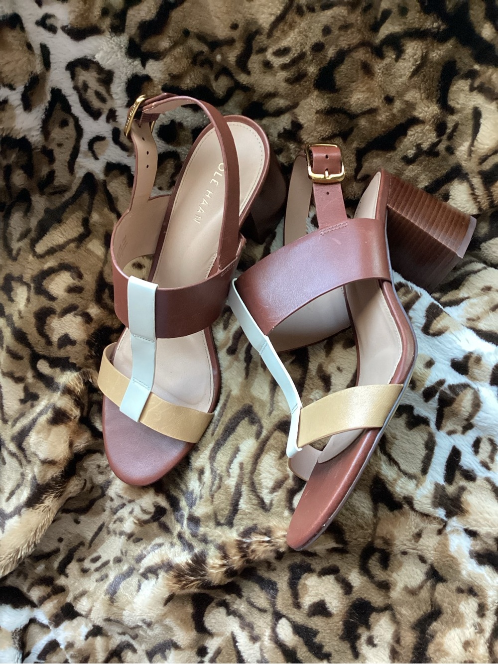 Cole Haan Brown, Cream & Tan Strappy Block Heel Sandals